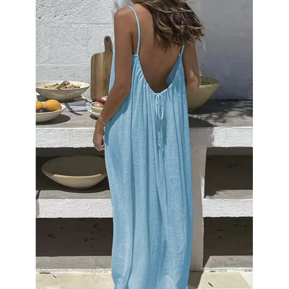 Robe dos nu ajustable Alba de la marque NAÏADE, en tissu léger avec bretelles fines et décolleté dans le dos.